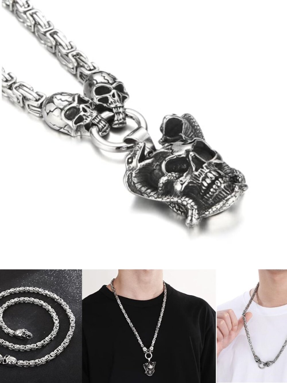 Gothic Skull Snake Pendant Necklace Stainless Steel Cuban Link Chain Unisex Punk